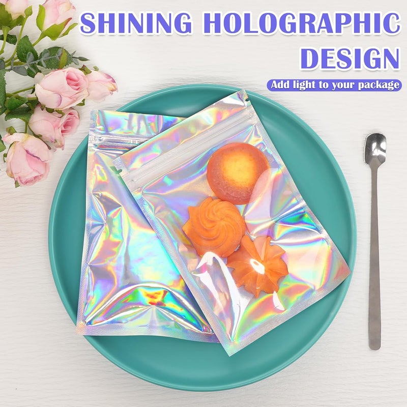 Jetmore 100 Pcs Resealable Mylar Bags, Smell Proof Goodie Bags with Clear Window, Small Holographic Bags for Halloween, Gift, Candy, Bracelet, Keychain, Treat, Product, Sealable Plastic Bags - Image 2